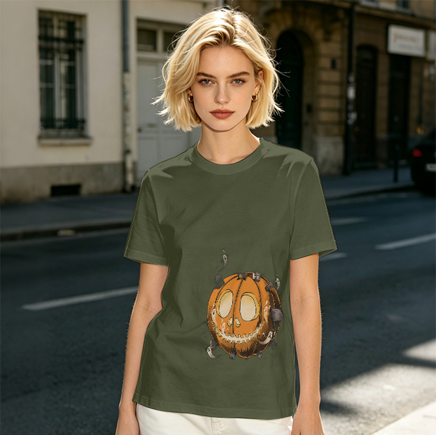 Olive Green T-Shirt With Spooky Halloween Pumpkin Ghost Print