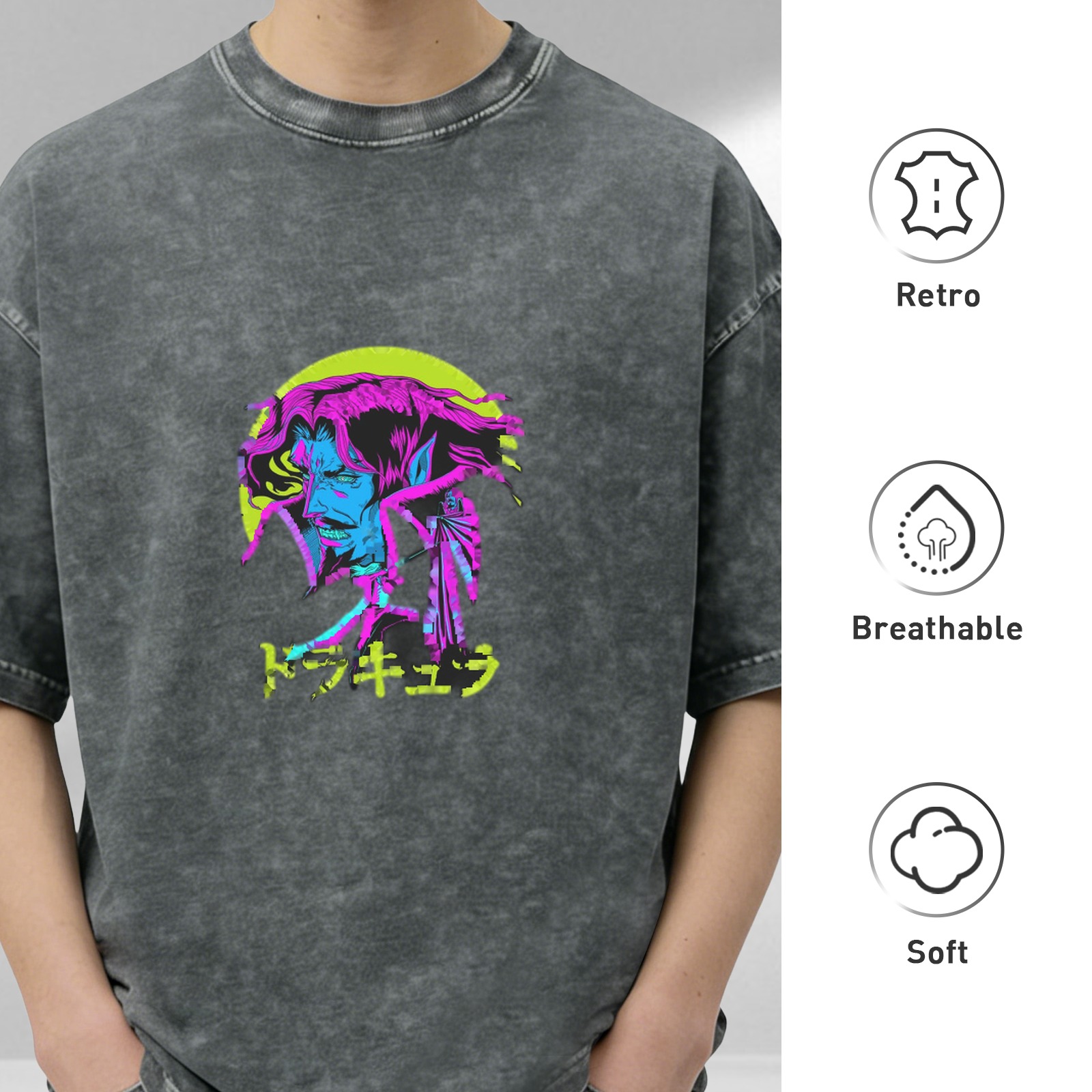 Distressed washed black loose short-sleeved T-shirt anime vampire Dracula neon style print Japanese Japanese design trendy brand top