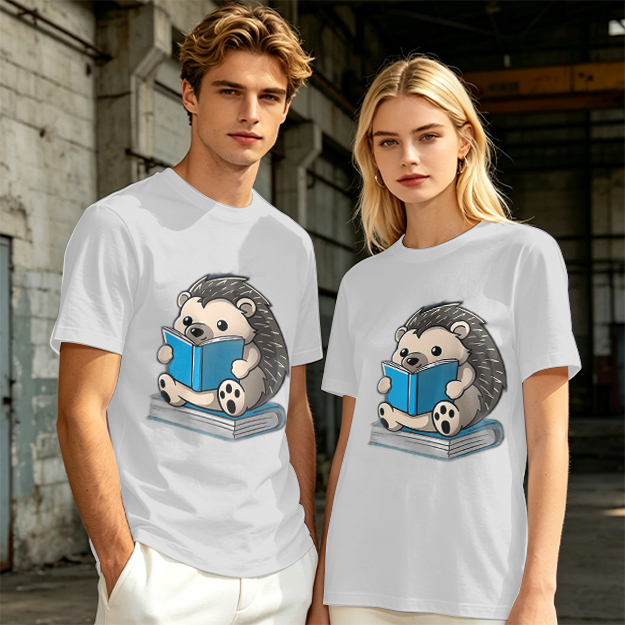 Olive T-shirt with Cute Hedgehog Reading a Book Graphic