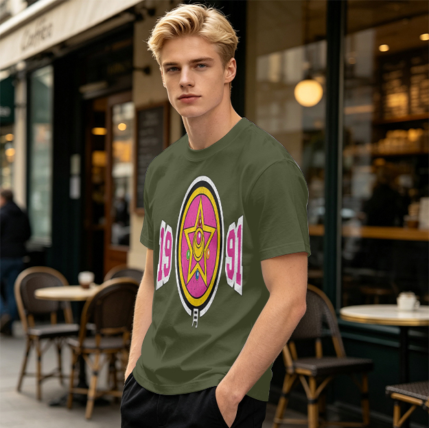 Olive Graphic T-Shirt With 1991 And Star Emblem Print