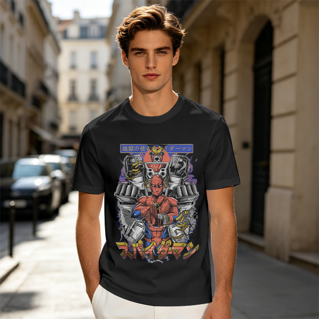 Olive T-shirt with Japanese Spider-Man Mech Graphic Print