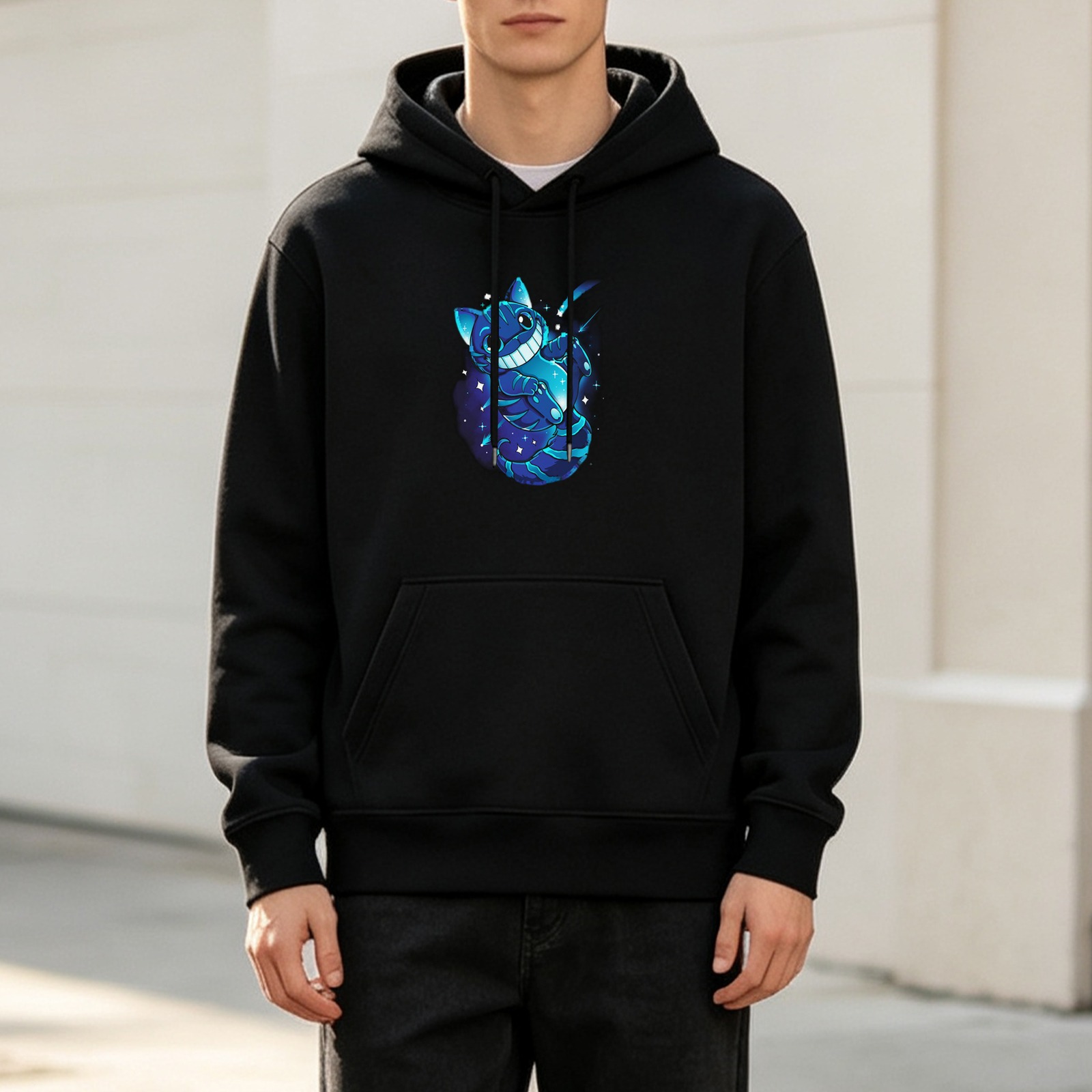 Black hoodie with glowing blue cheshire cat graphic