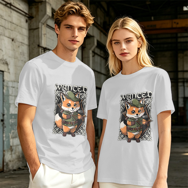 Olive green t-shirt with cute fox archer 'WANTED' graphic