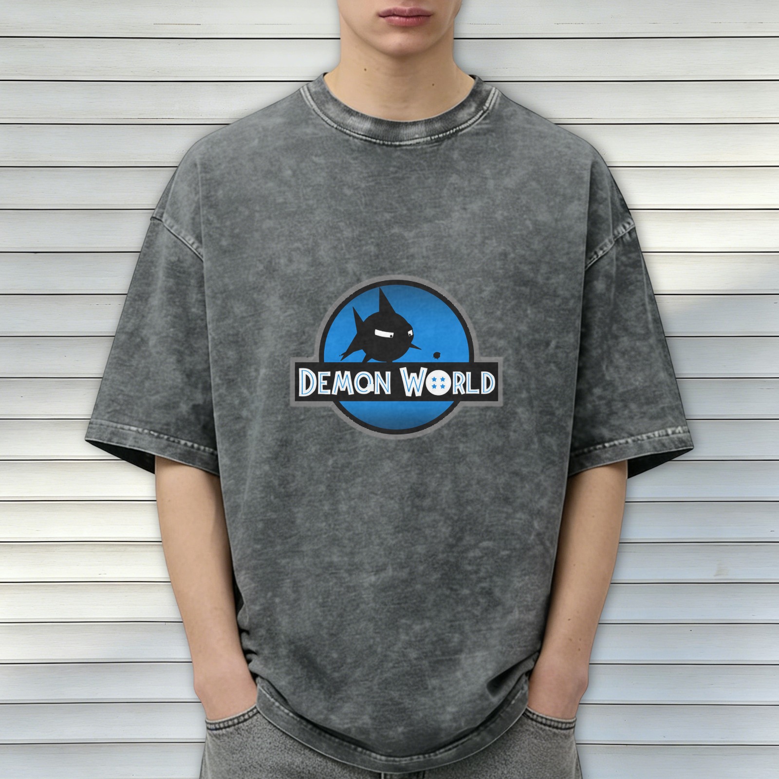 Oversized Acid Wash T-Shirt with Demon World Graphic Print