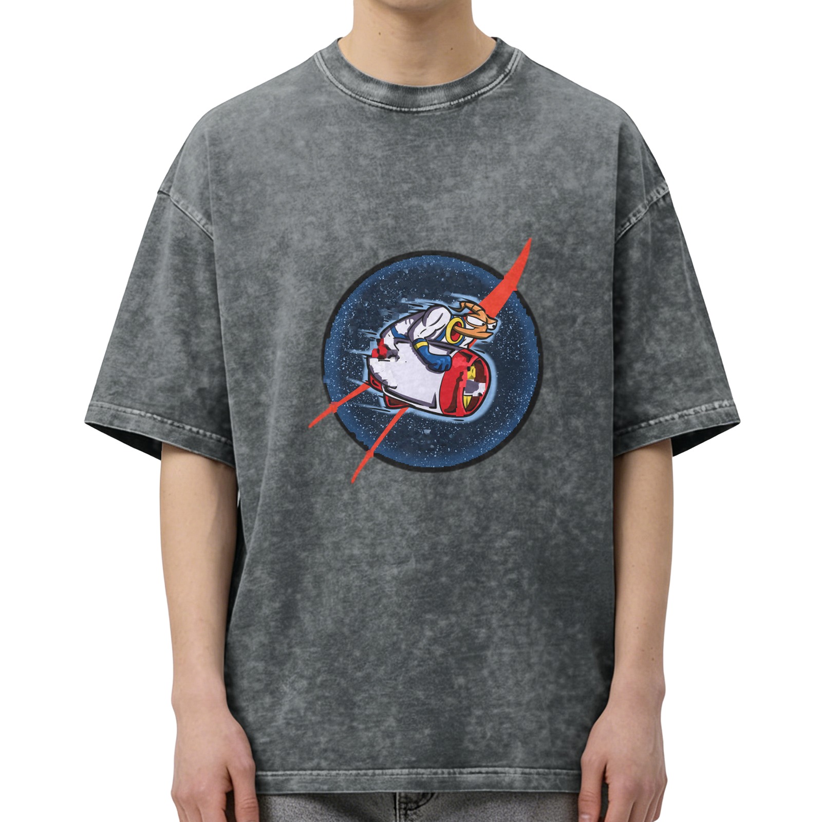 Oversized Acid Wash T-Shirt With Retro Space Duck Graphic Print