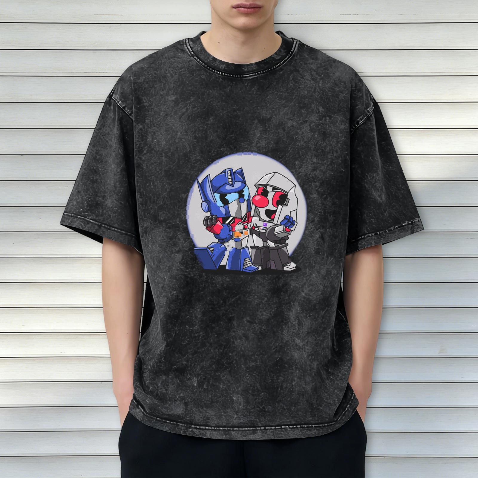 Oversized Dark Wash T-Shirt With Chibi Transformers Graphic