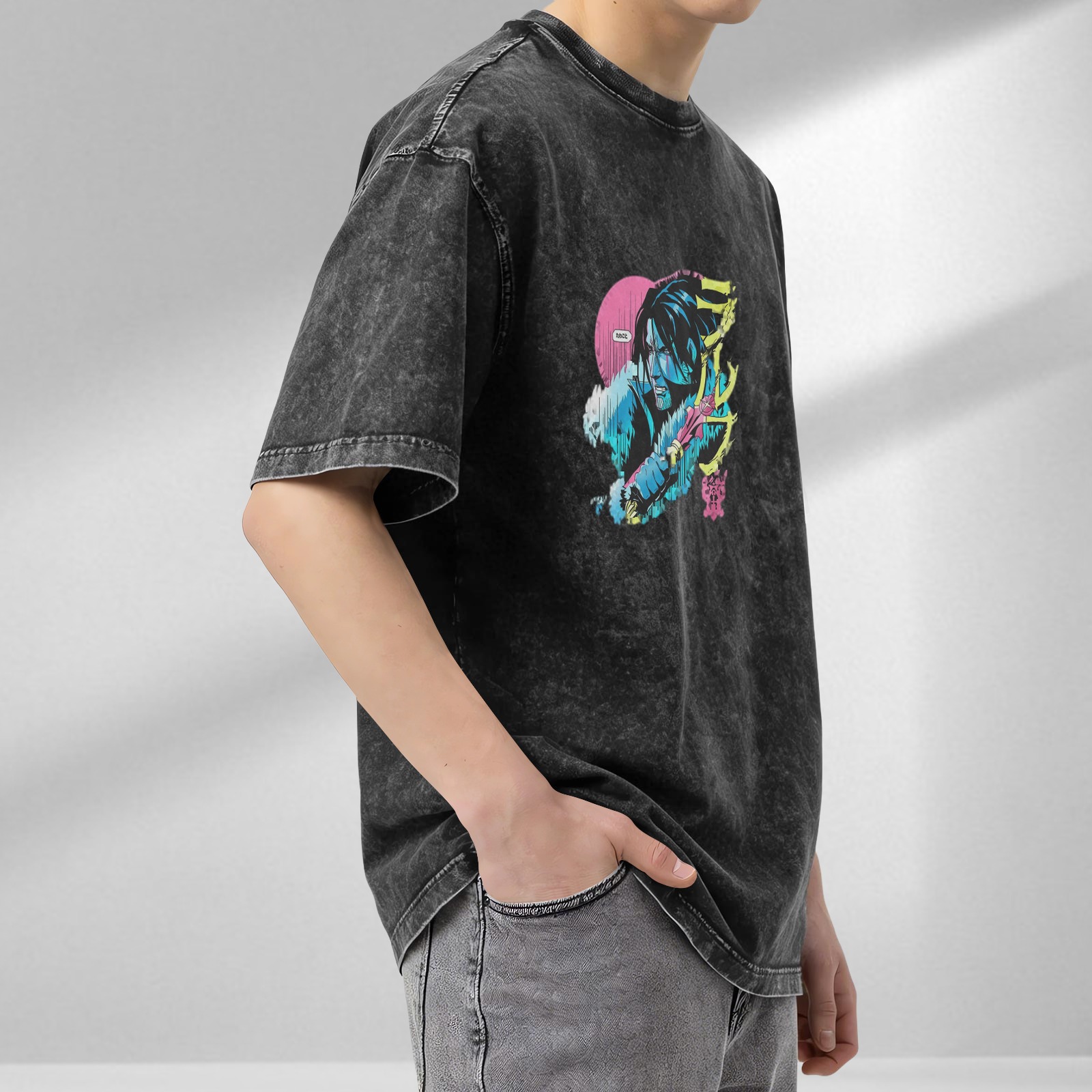 Distressed washed black loose short-sleeved T-shirt anime style character print design