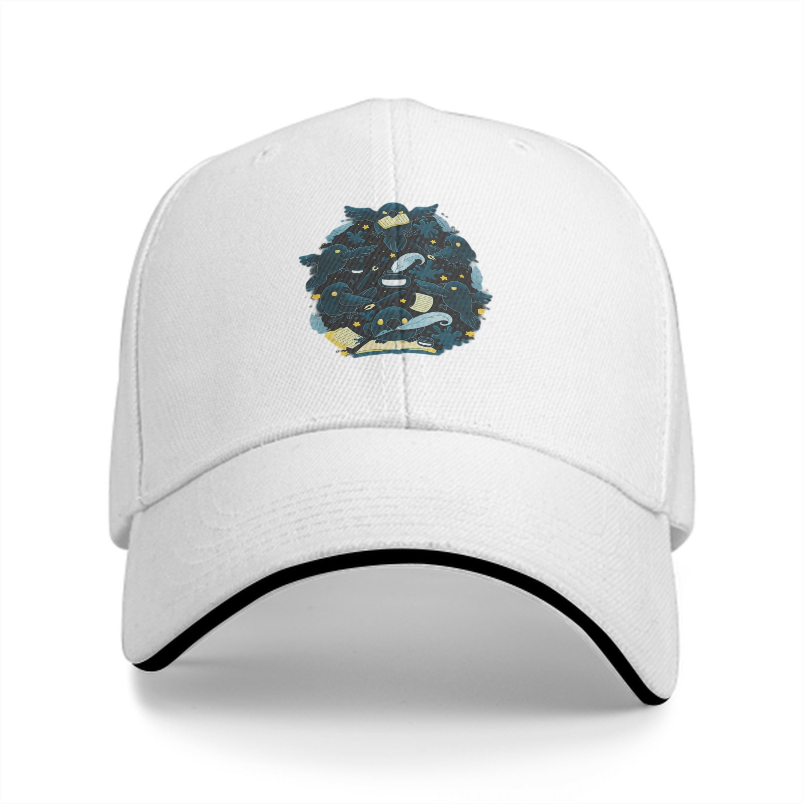 Black baseball cap with whimsical dark creature cluster graphic