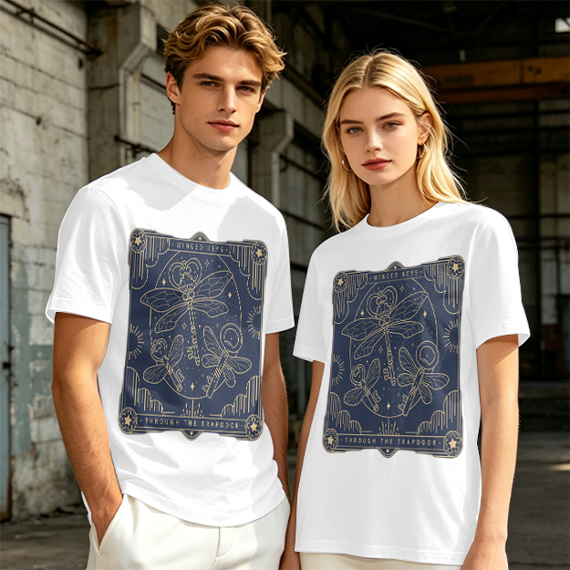 Olive t-shirt with winged keys tarot-style graphic design