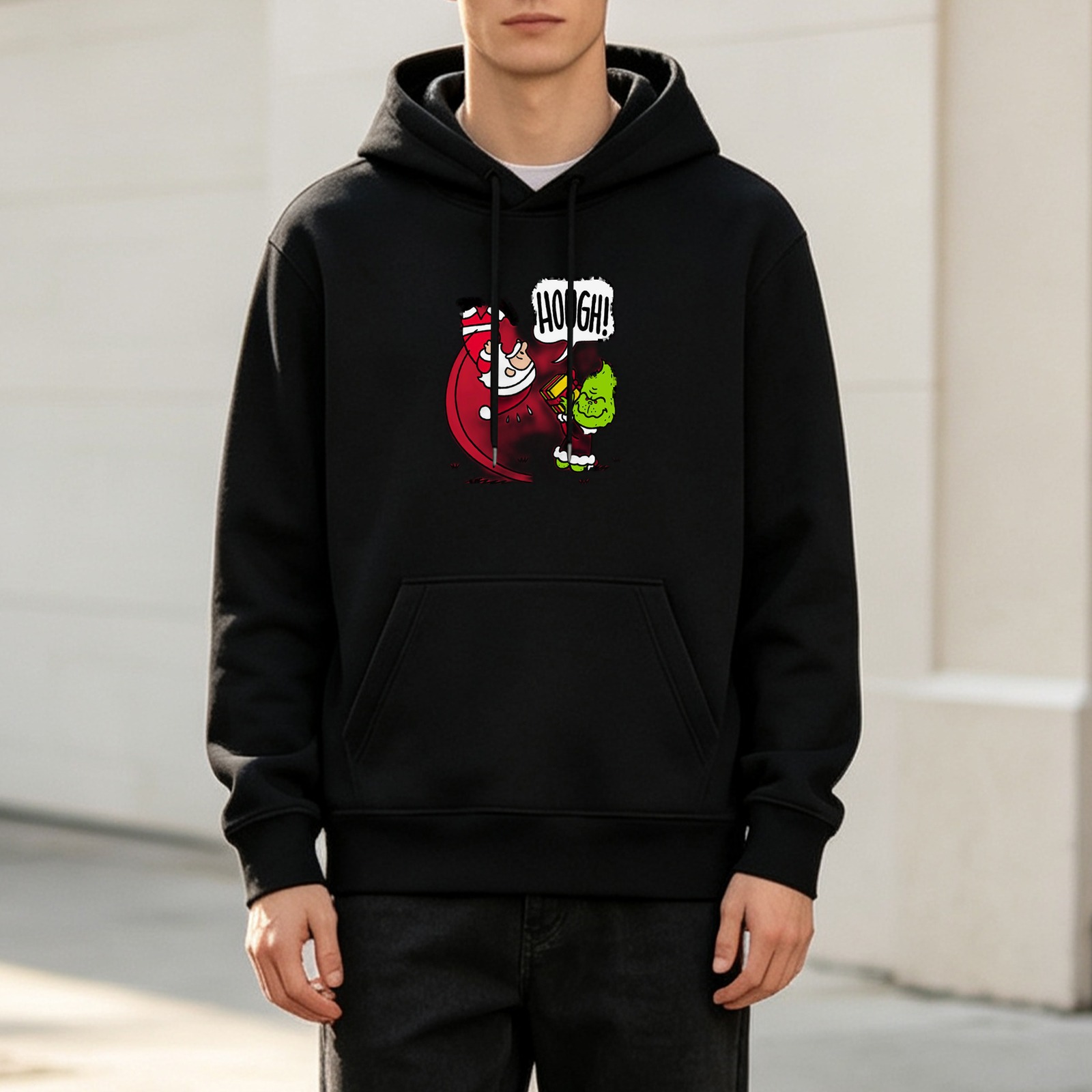 Black hoodie with Grinch and Santa graphic saying HUGH