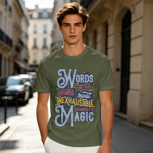 Olive t-shirt with 'Words are our most inexhaustible source of magic' print