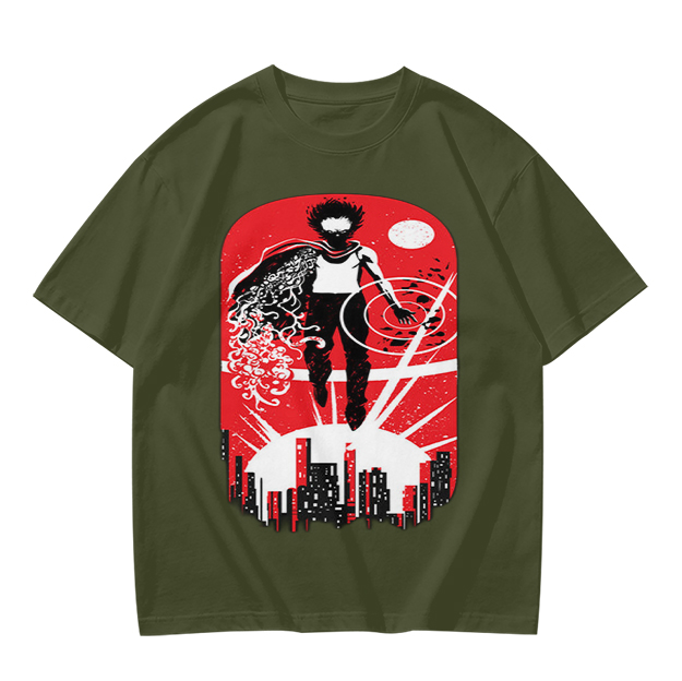 Olive T-Shirt With Anime Superhero Over City Graphic