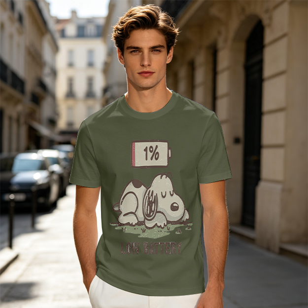 Olive T-Shirt With Tired Dog 1% Battery Graphic Print