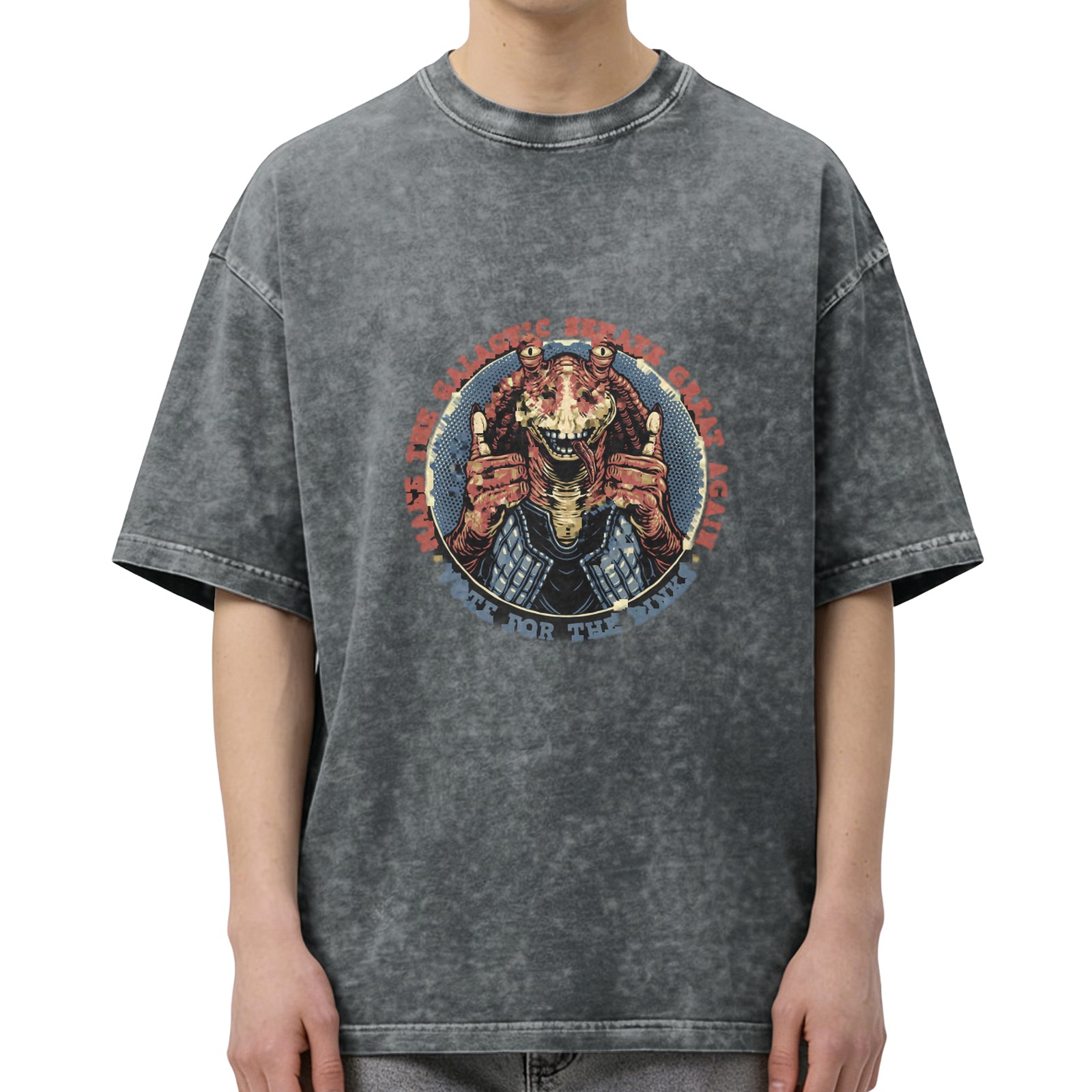 Washed Black T-Shirt With Jar Jar Binks Galactic Senate Political Print
