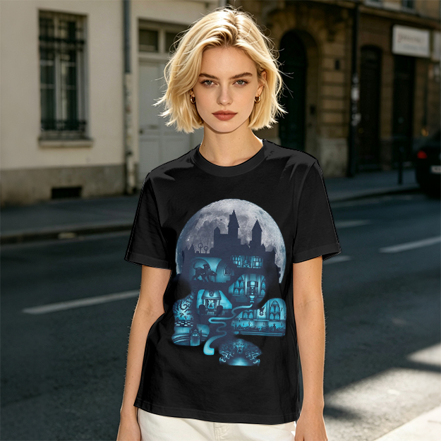 Olive T-Shirt With Glowing Castle Moon Night Graphic Print