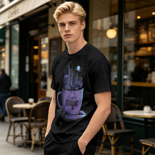 Olive T-Shirt With Teacup Holding Magical Castle Artwork