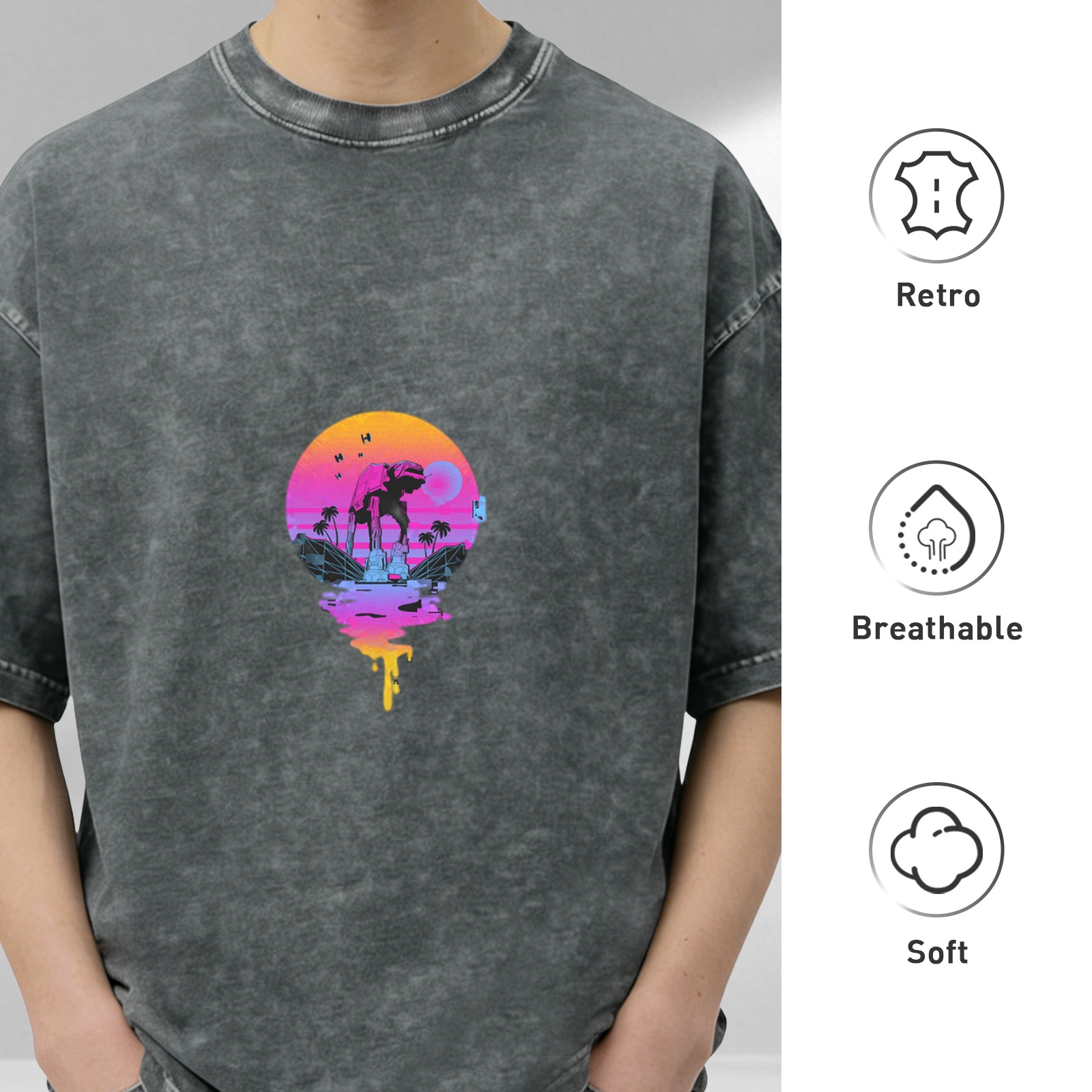 Distressed washed black round neck short-sleeved T-shirt Steamwave style Star Wars AT-AT walker printed top