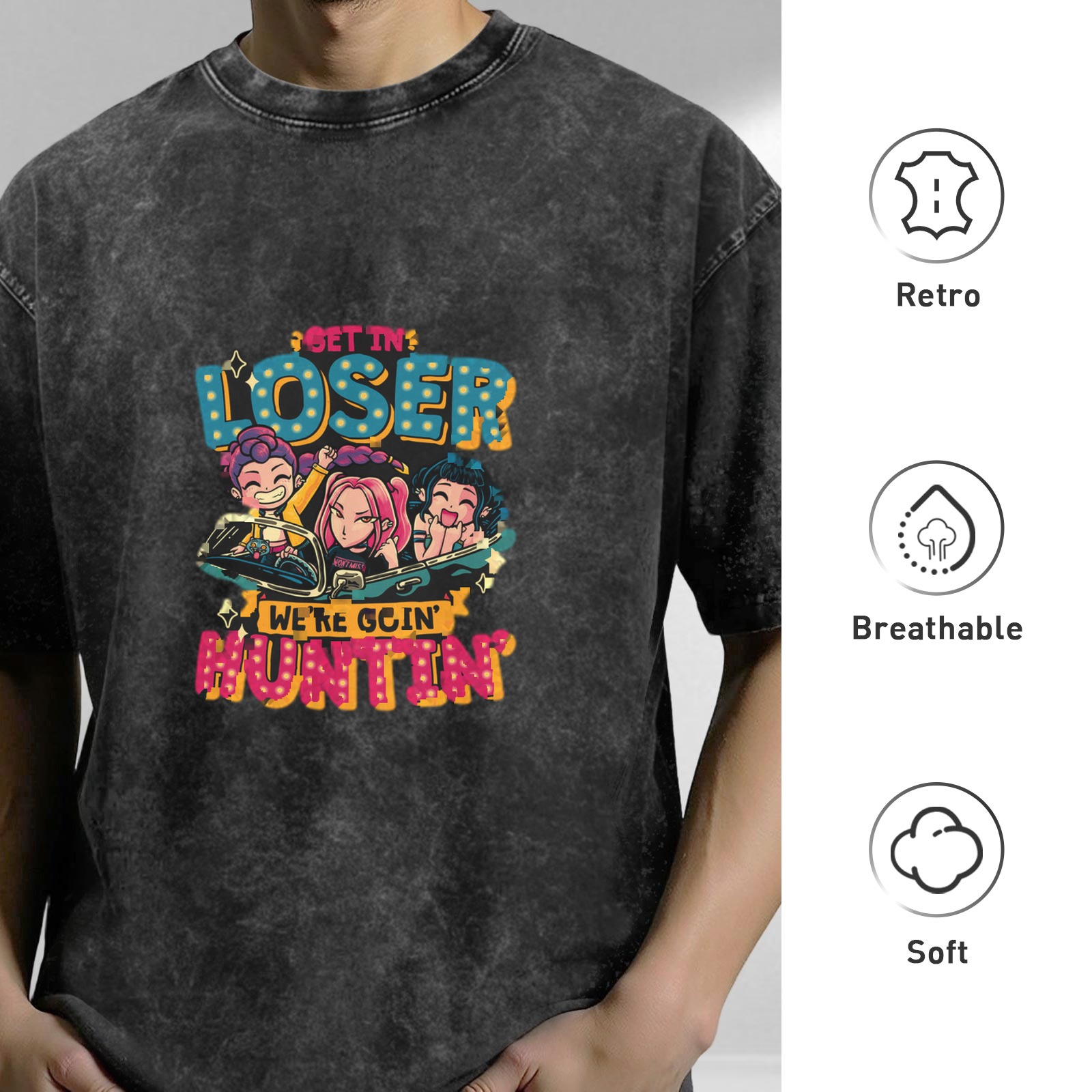 Washed black graphic t-shirt with get in loser we're goin huntin design