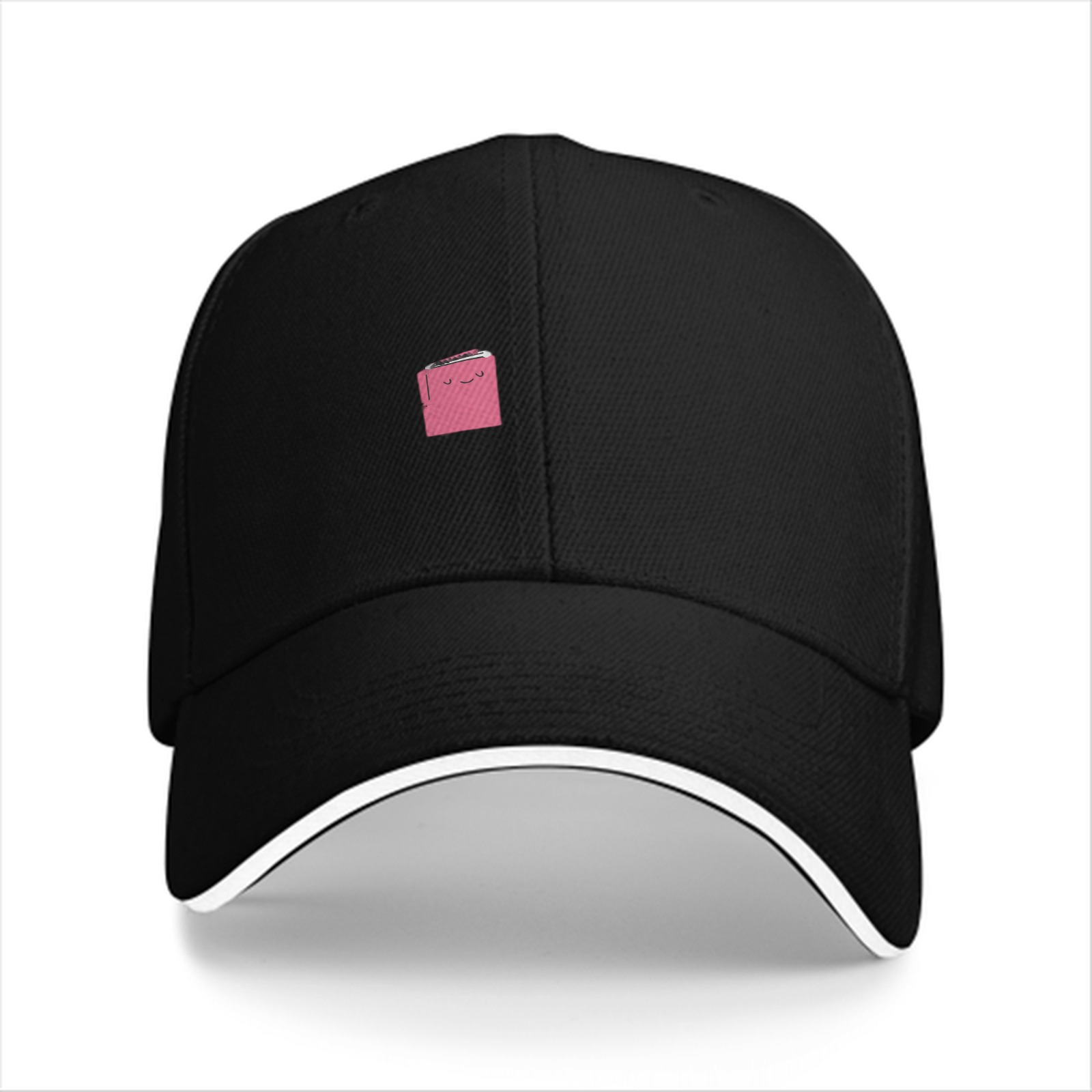 Black Baseball Cap With Small Pink Square Smiley Graphic