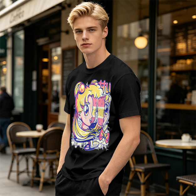 Olive T-Shirt With Glitch Anime Girl Graphic Print