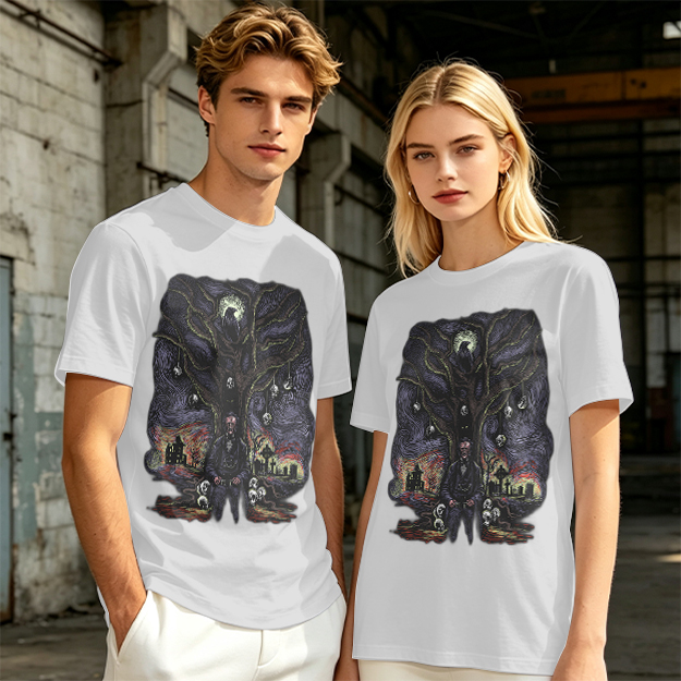 Olive t-shirt with gothic tree raven and graveyard graphic