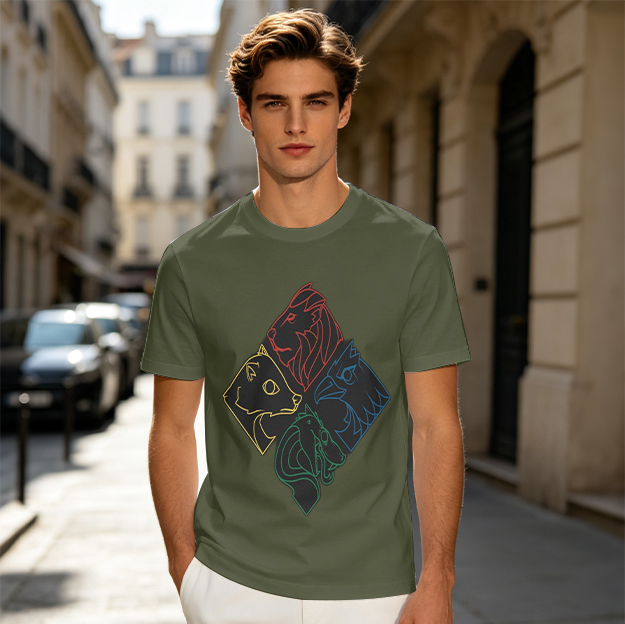 Olive T-Shirt With Four Hogwarts House Mascot Line Art Prints