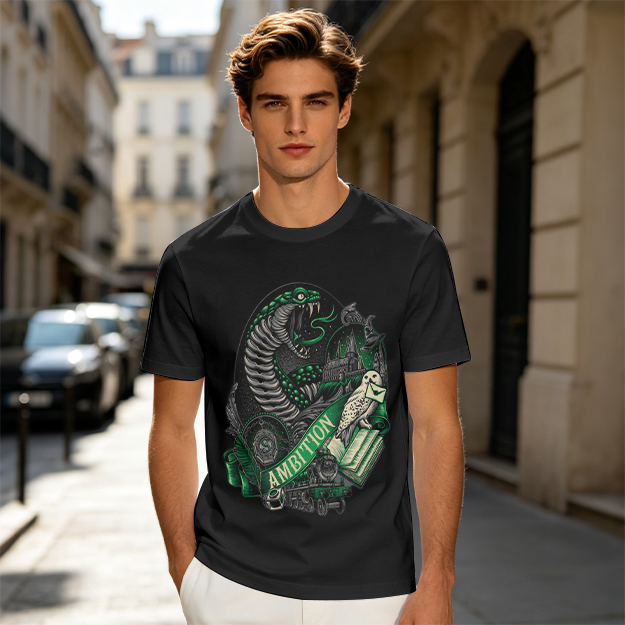Olive Green T-Shirt With Slytherin Ambition Snake Owl Graphic