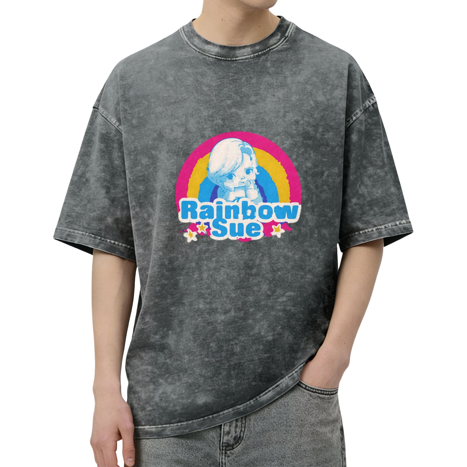 Oversized Dark Wash T-Shirt With Rainbow Sue Graphic Print