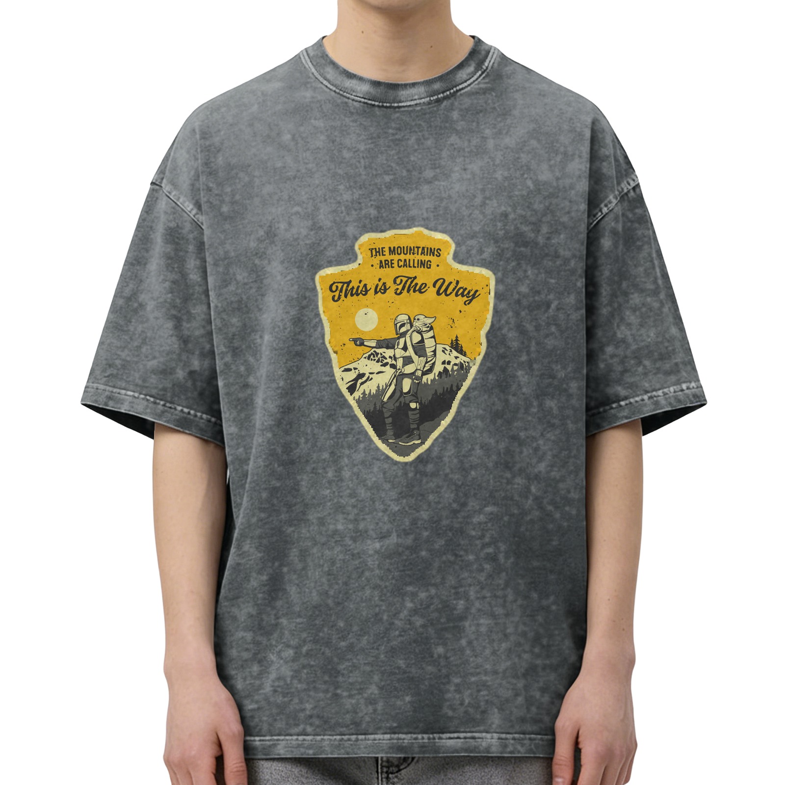 Distressed washed black short-sleeved T-shirt Mandalorian themed outdoor mountaineering print Loose round neck top