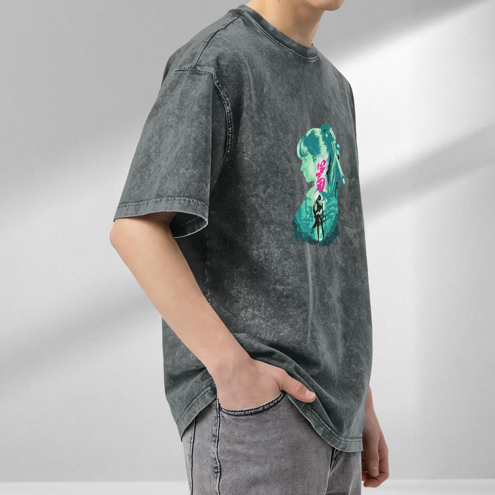 Washed Black Graphic T-Shirt with Neon Anime Girl Silhouette Print