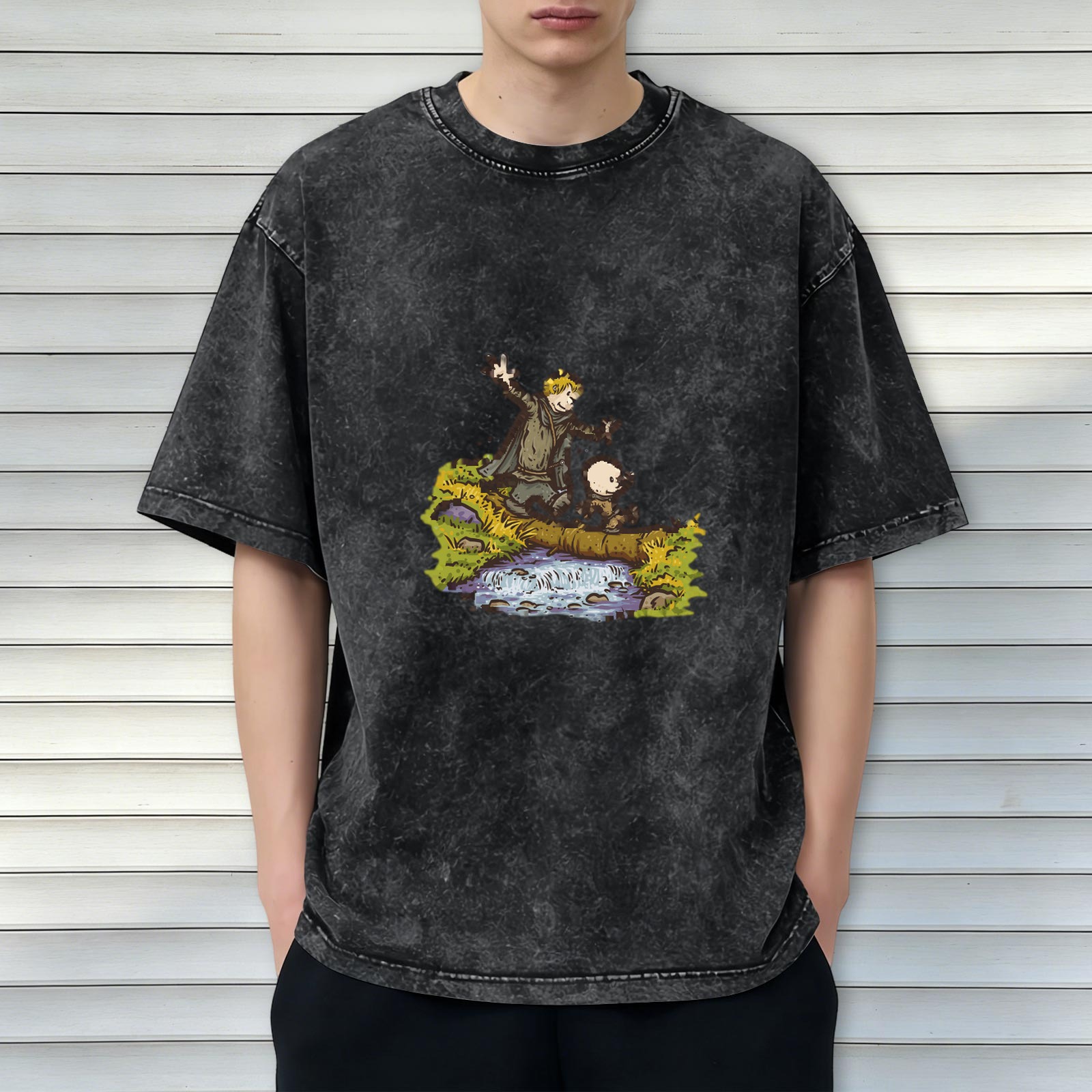 Vintage Washed T-Shirt With Fantasy Cartoon Characters Crossing Stream