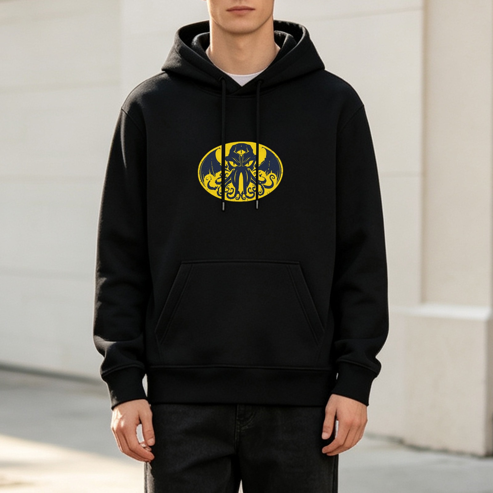 Black Hoodie with Cthulhu Bat Hybrid Graphic Print