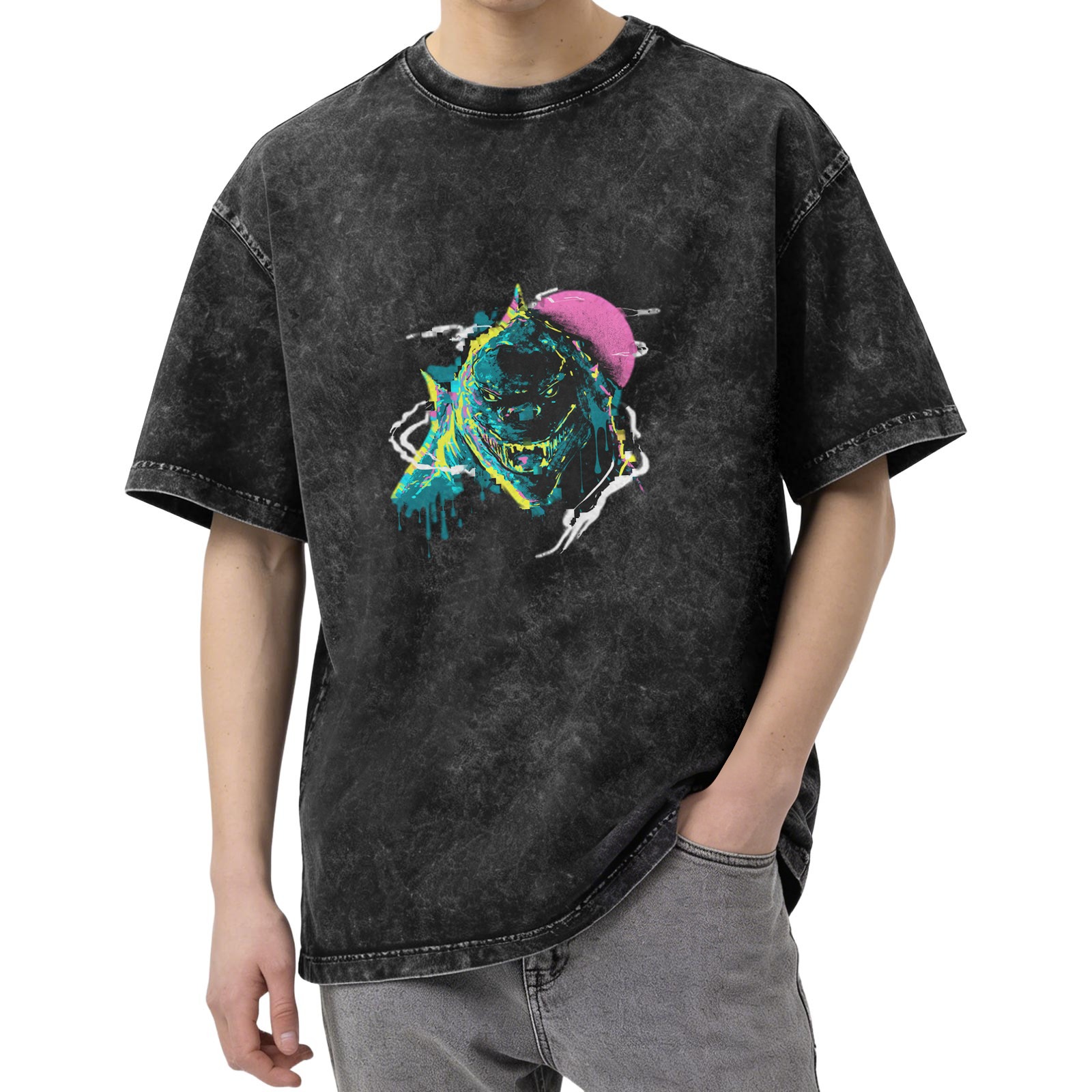 Oversized Acid Wash T-Shirt With Neon Monster Graphic Print