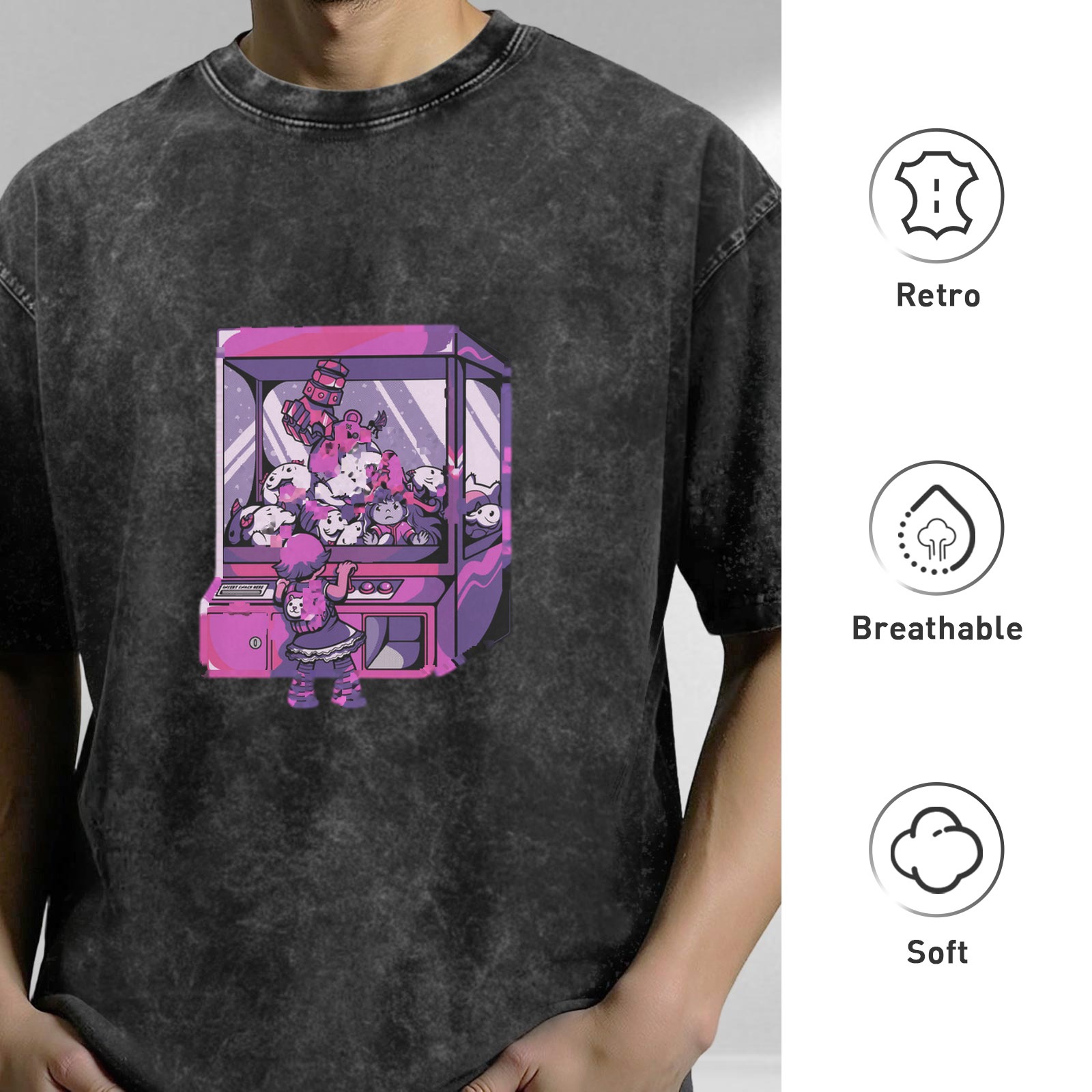Oversized acid wash t-shirt with anime claw machine graphic