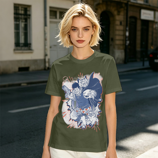 Olive T-Shirt with Playful Comic Style Character Print