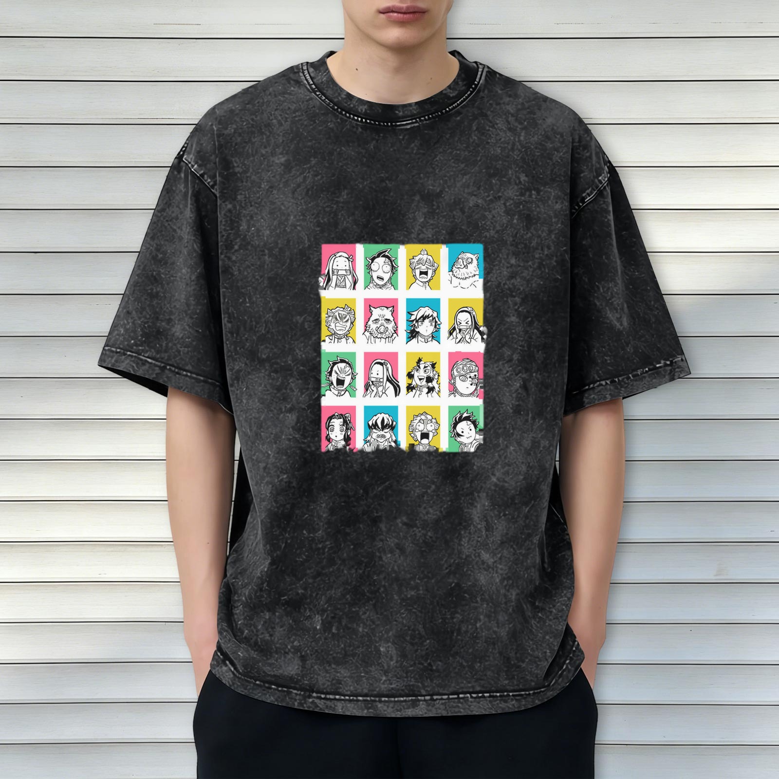 Demon Slayer anime character print distressed washed black loose short-sleeved T-shirt