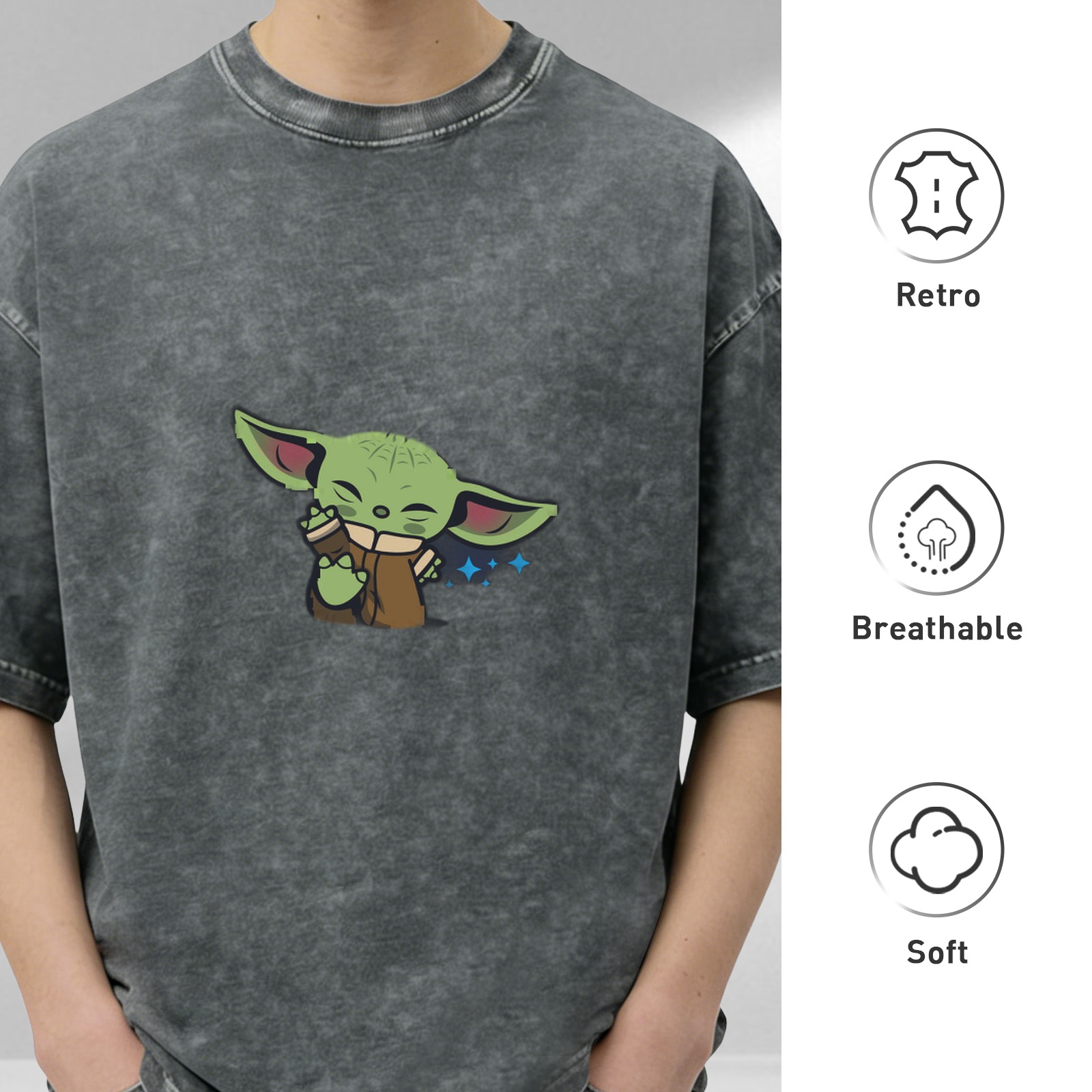 Washed black graphic t-shirt with cute Baby Yoda print