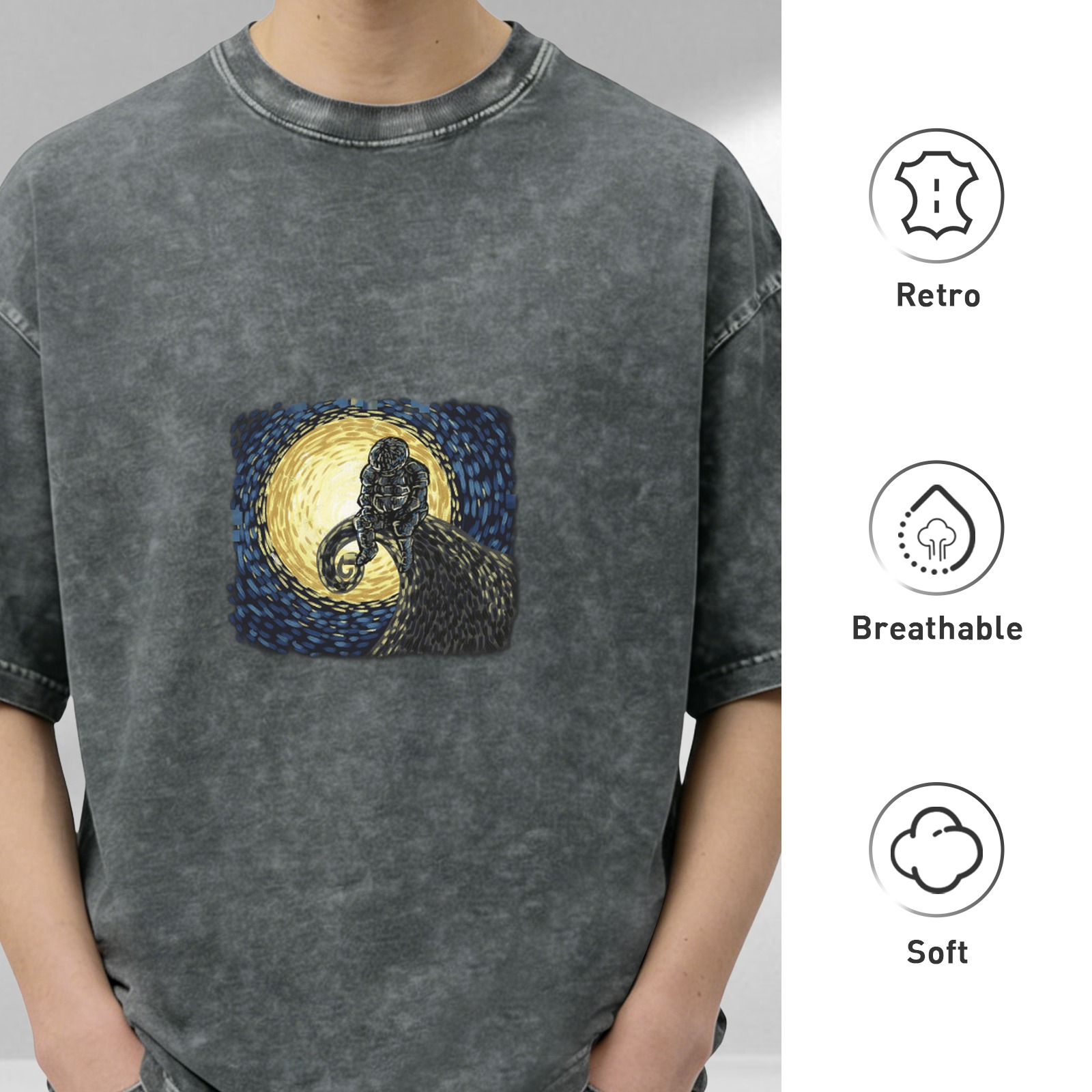 Washed Black Oversized T-Shirt with Ram and Starry Night Style Graphic