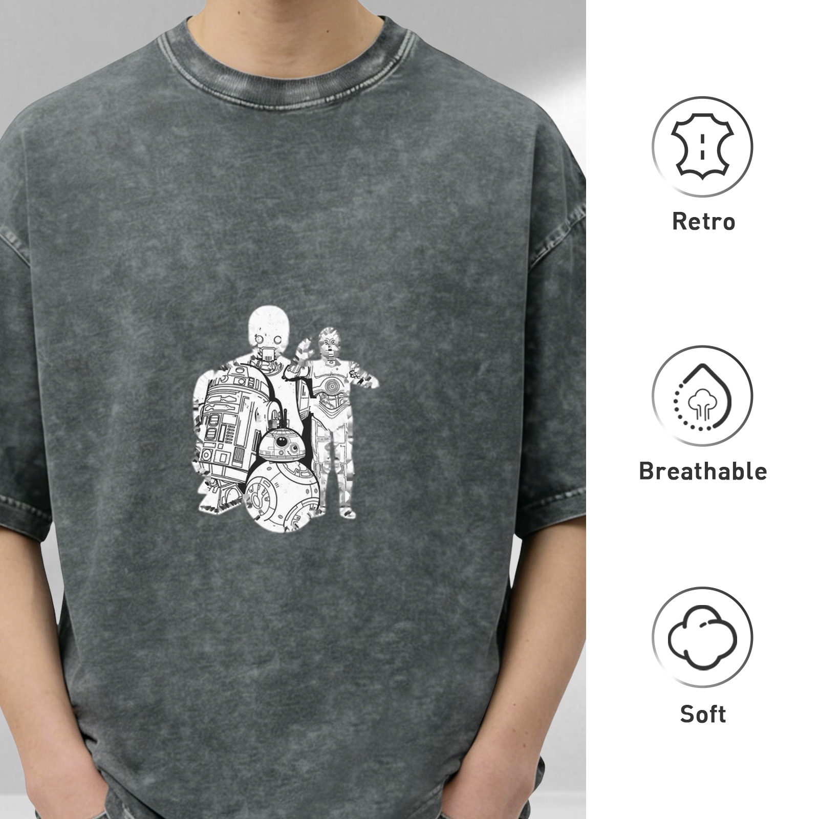Star Wars Droids Graphic Black Acid Wash Oversized T-Shirt