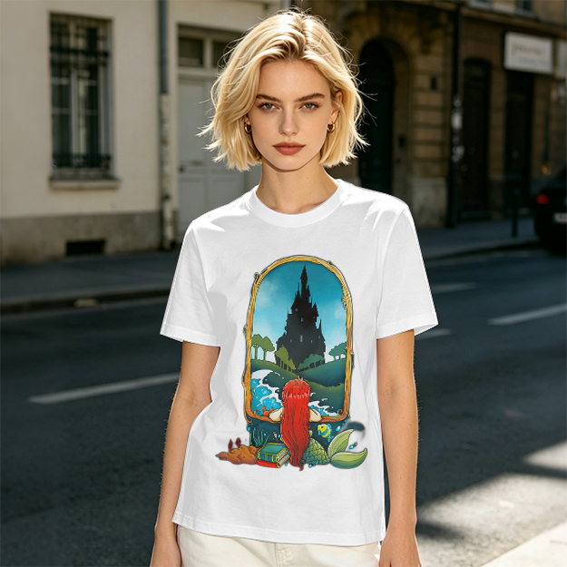 Olive T-Shirt With Mermaid Looking At Castle Art Print