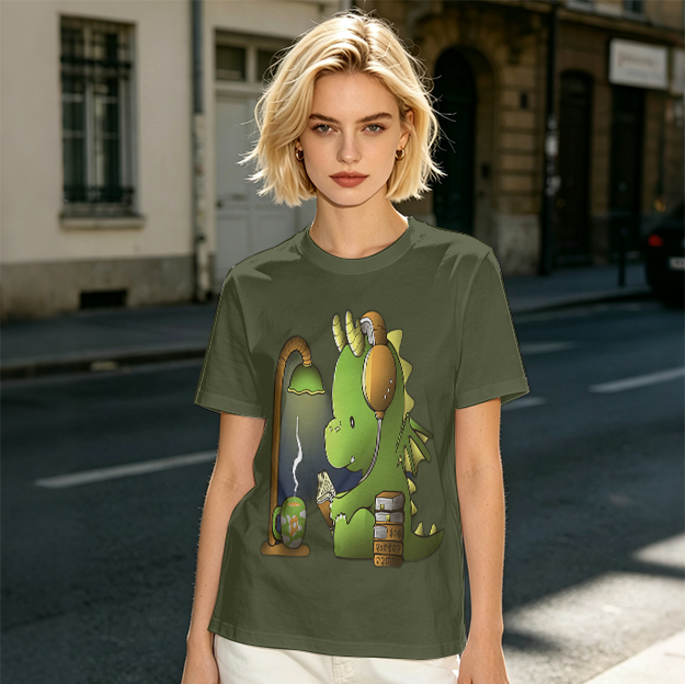 Olive T-Shirt with Cute Dragon Reading and Wearing Headphones