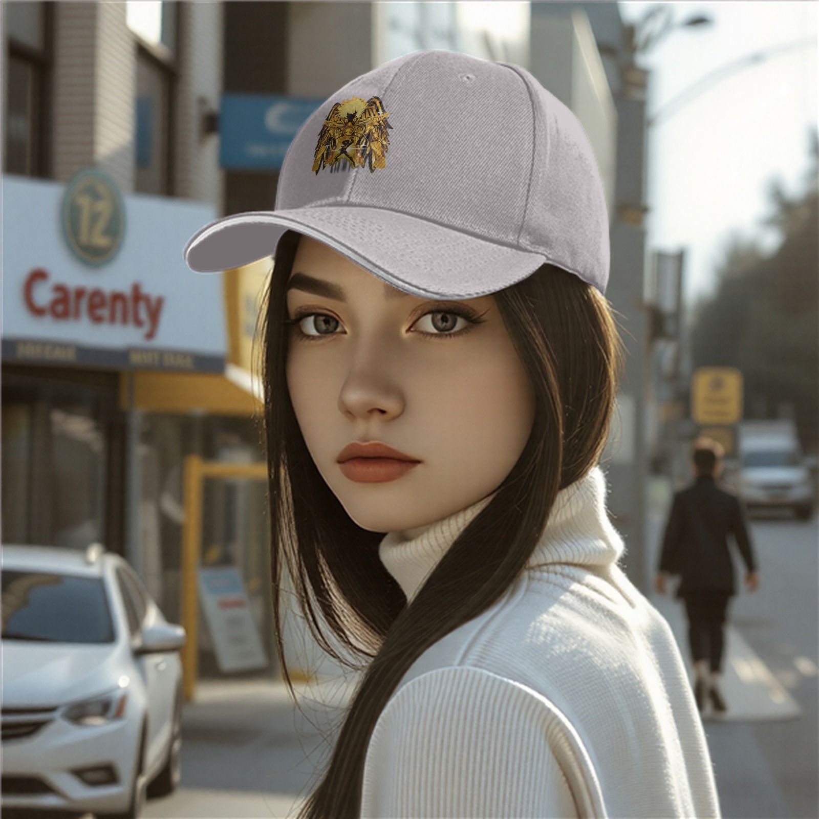 Black Baseball Cap With Golden Lion Head Graphic Design