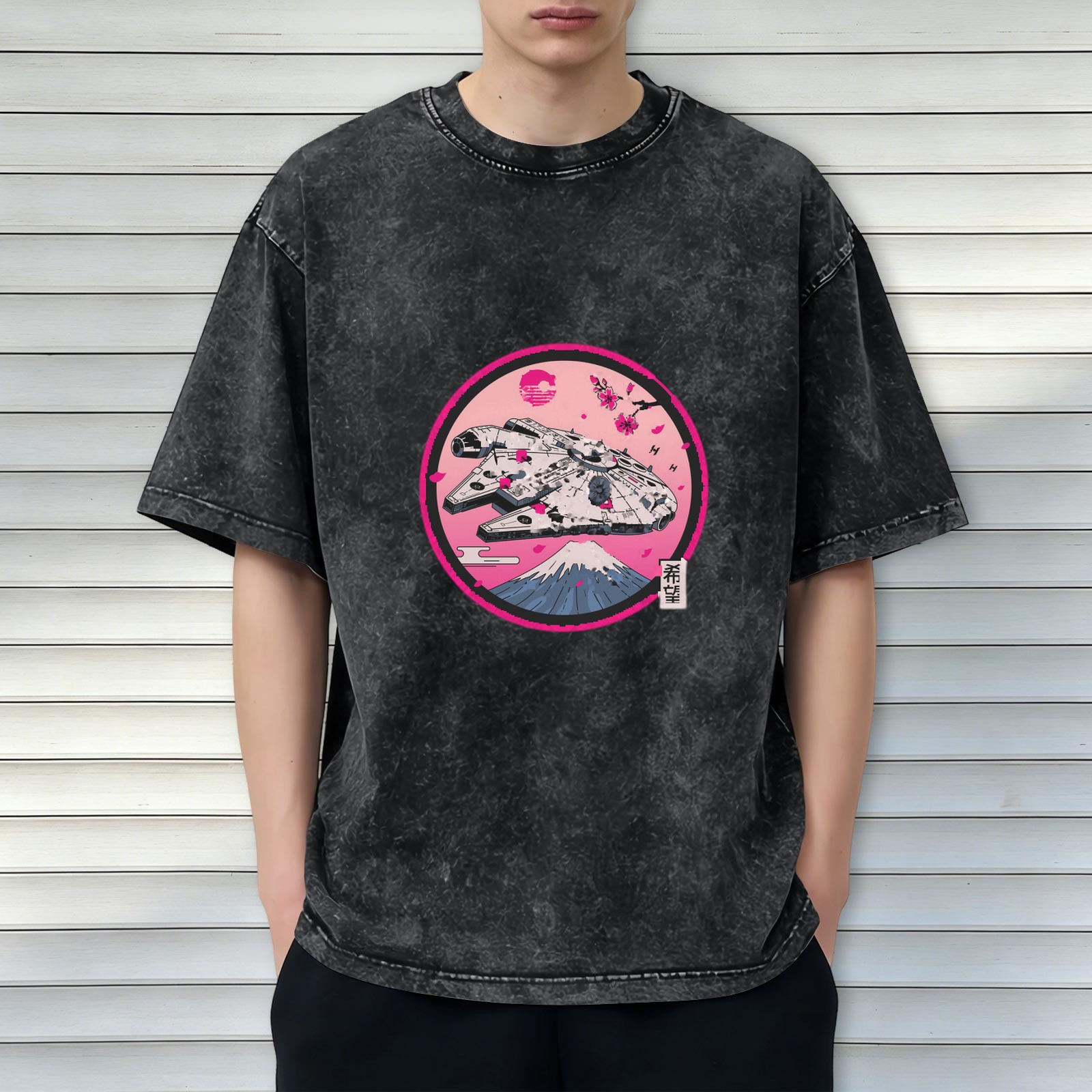 Star Wars Millennium Falcon Japanese Sakura Mount Fuji Acid Wash Oversized T-Shirt