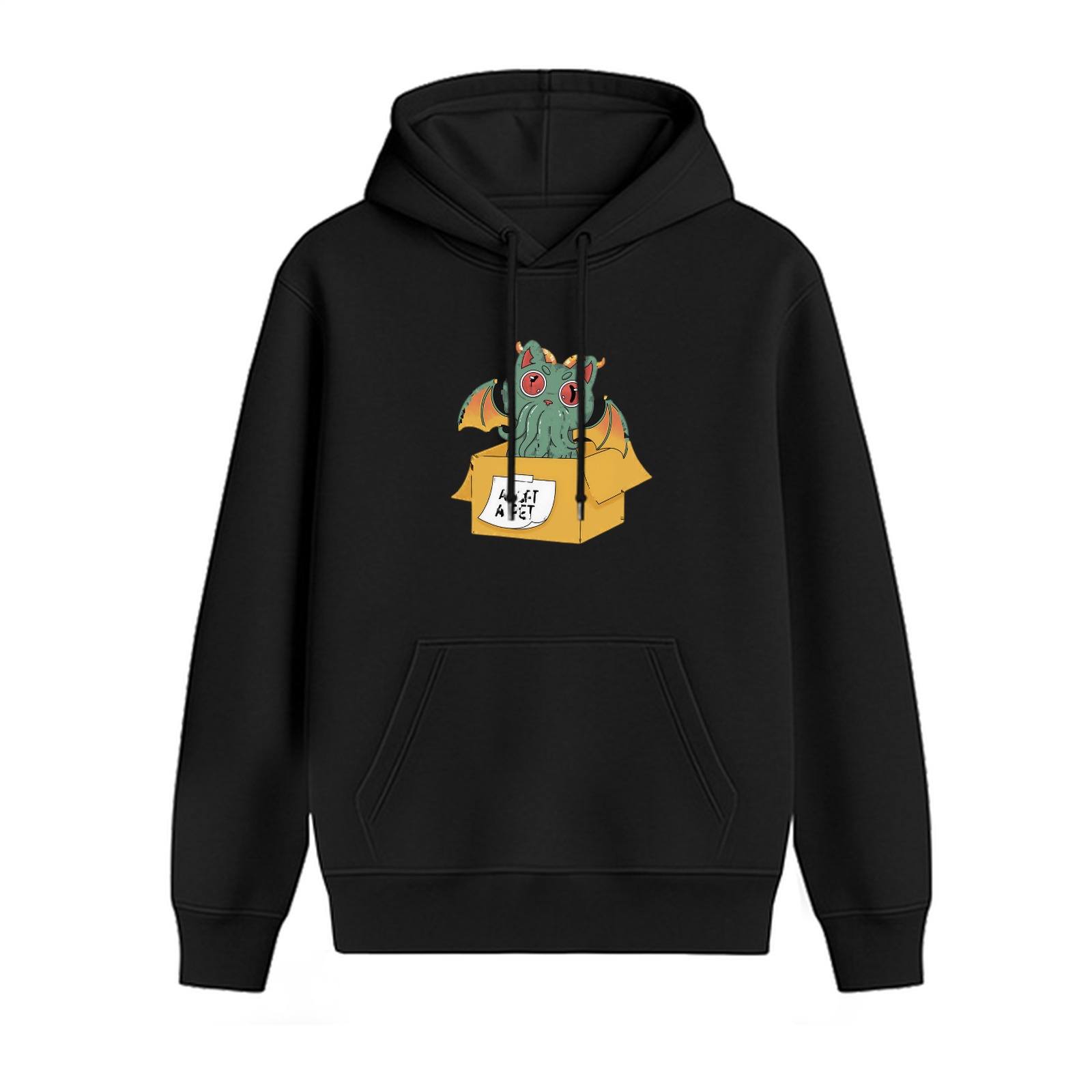 Black hoodie with cute cthulhu in a box graphic