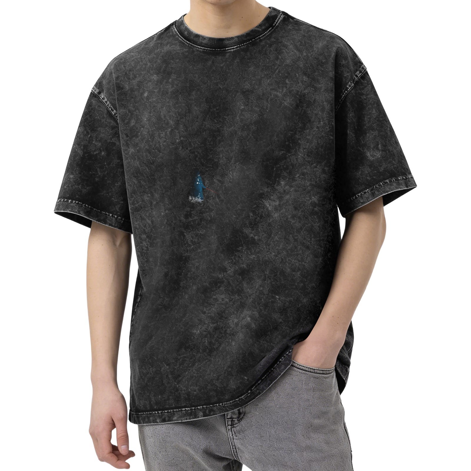 Oversized Black Acid Wash T-Shirt with Small Blue Accent