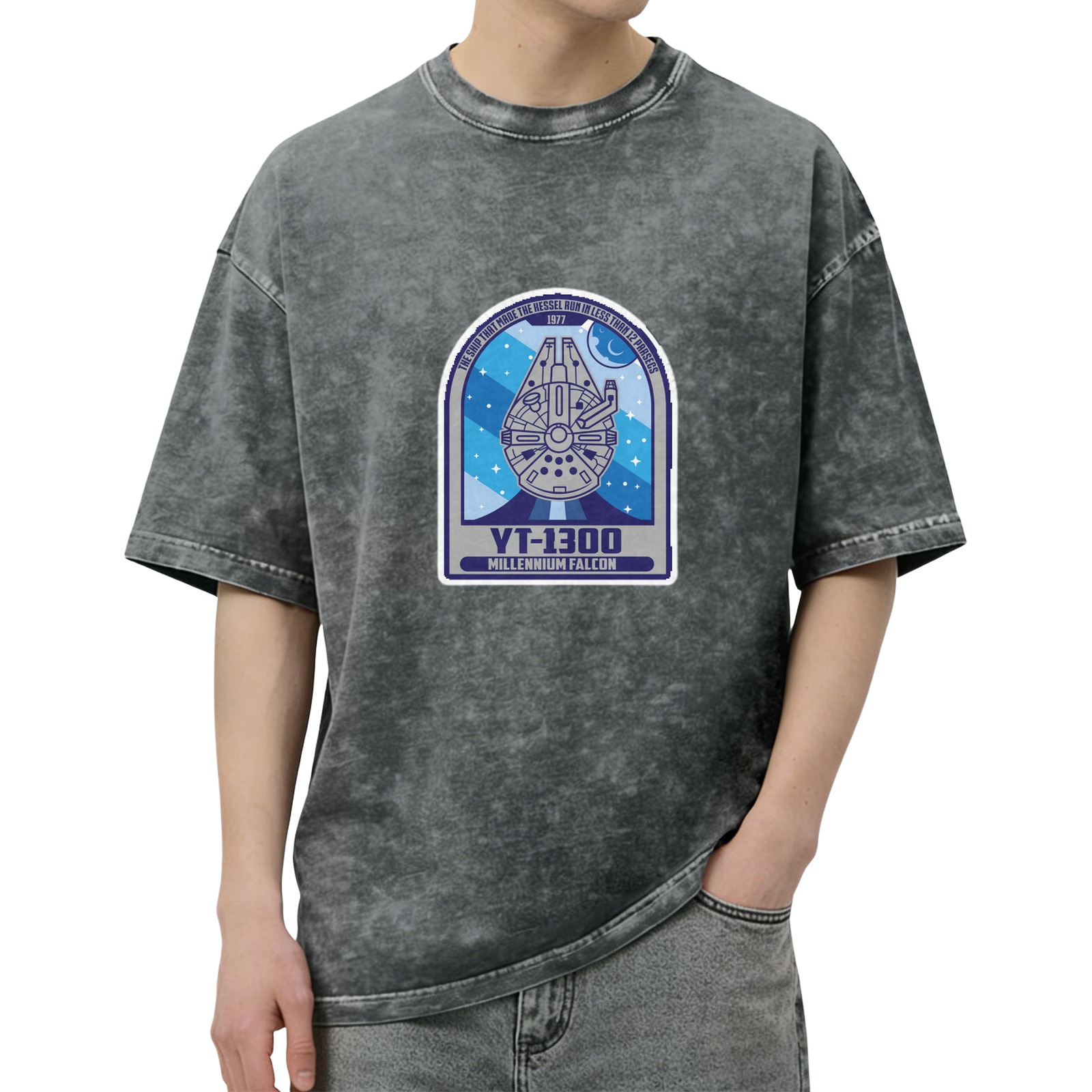 Oversized Stonewashed T-Shirt with Millennium Falcon YT-1300 Graphic