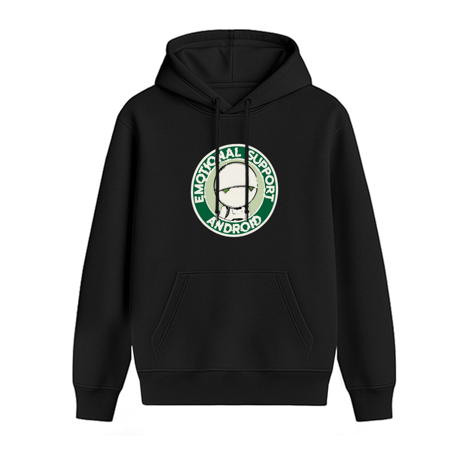 Black hoodie with Emotional Support Android Marvin graphic