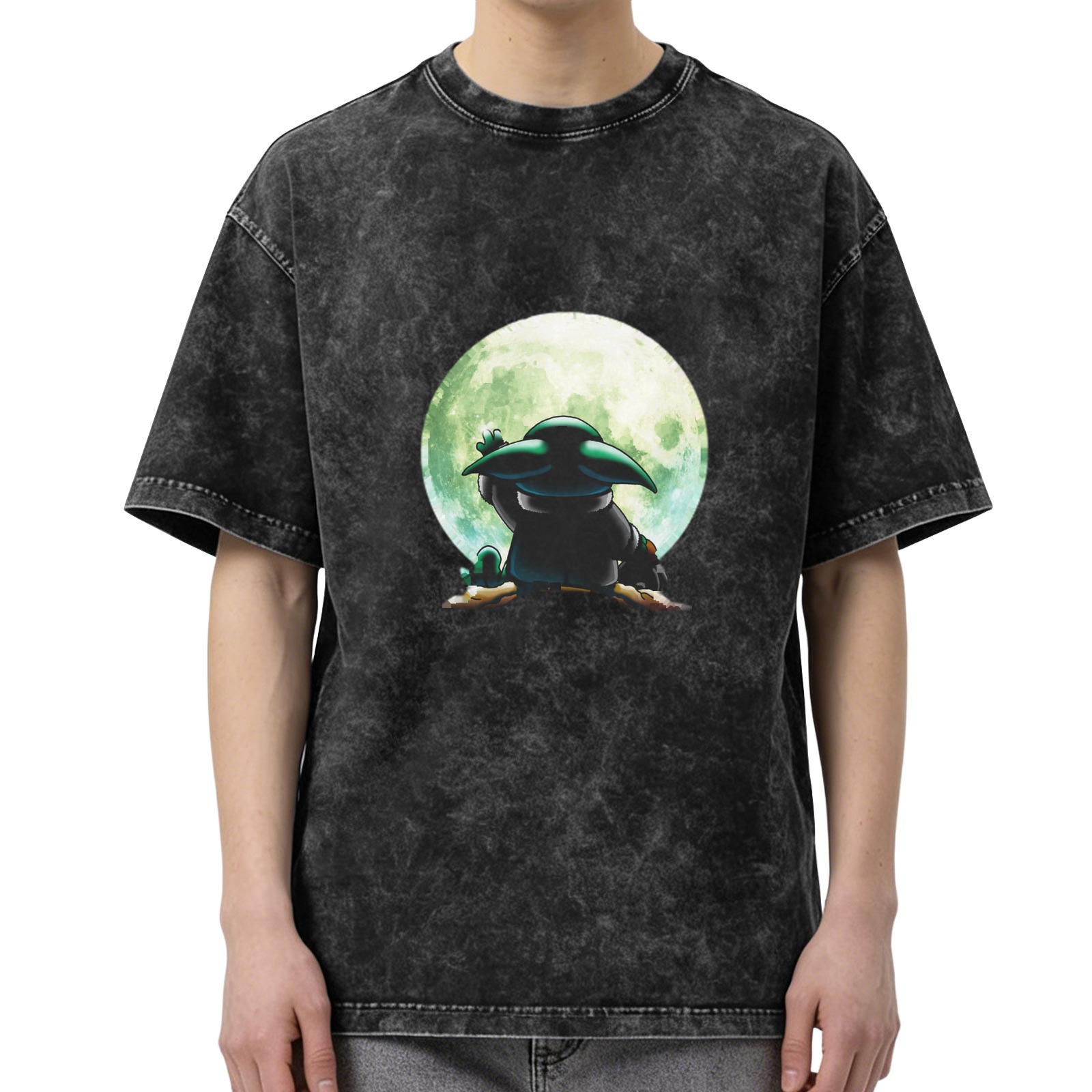 Washed black t-shirt with Baby Yoda against green moon graphic