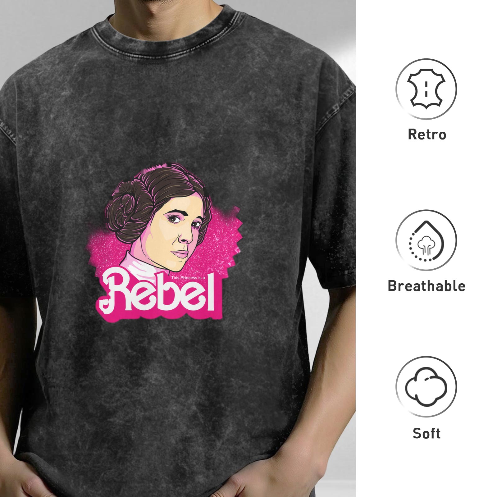 Washed Black T-Shirt with Princess Leia Rebel Graphic