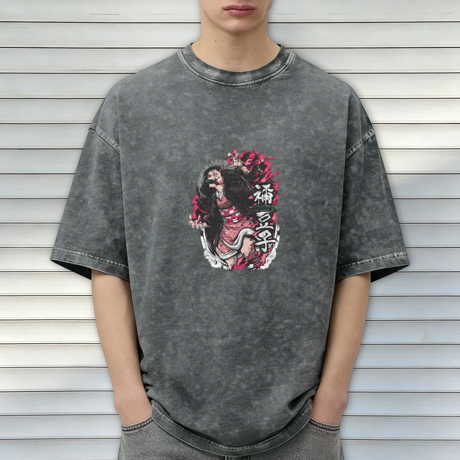 Oversized Acid Wash Anime Demon Slayer Nezuko Graphic T-Shirt